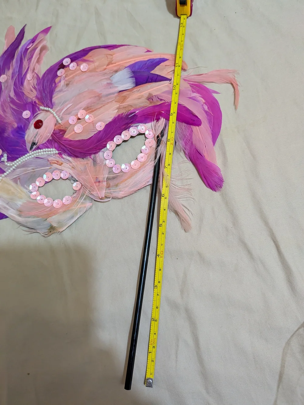 Source Unknown Pink and Purple Feathered Masquerade Mask on Handle